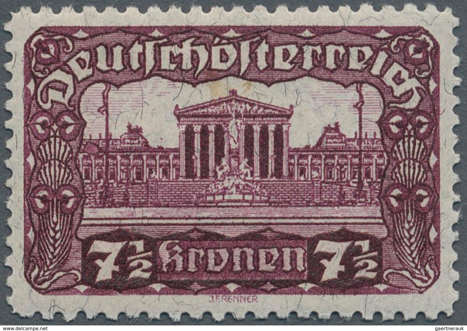 Österreich: 1919/1921, Freimarken "Parlamentsgebäude", 7½ Kr. Schwärzlichrotlila In Linienmischzähnu - Other & Unclassified