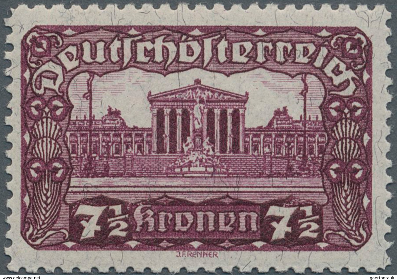 Österreich: 1919/1921, Freimarken "Parlamentsgebäude", 7½ Kr. Schwärzlichrotlila In Linienmischzähnu - Other & Unclassified