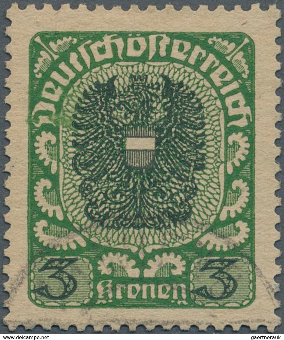 Österreich: 1920/21, Freimarken Wappen, 3 Kr., Dunkelgrün/schwarz, Dickes Graues Papier, Zart Gestem - Sonstige & Ohne Zuordnung