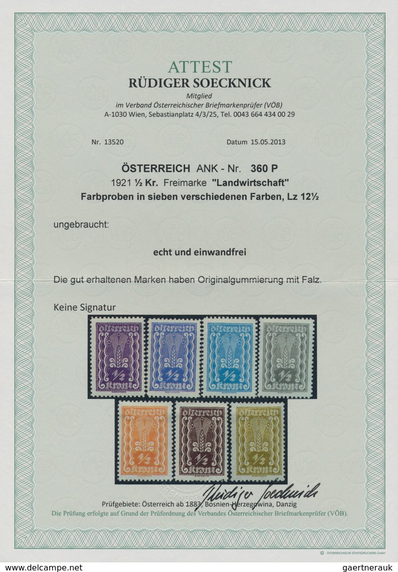 Österreich: 1922, Freimarken, 1½ Kr., sieben verschiedene Farbproben in abweichenden Farben und mit