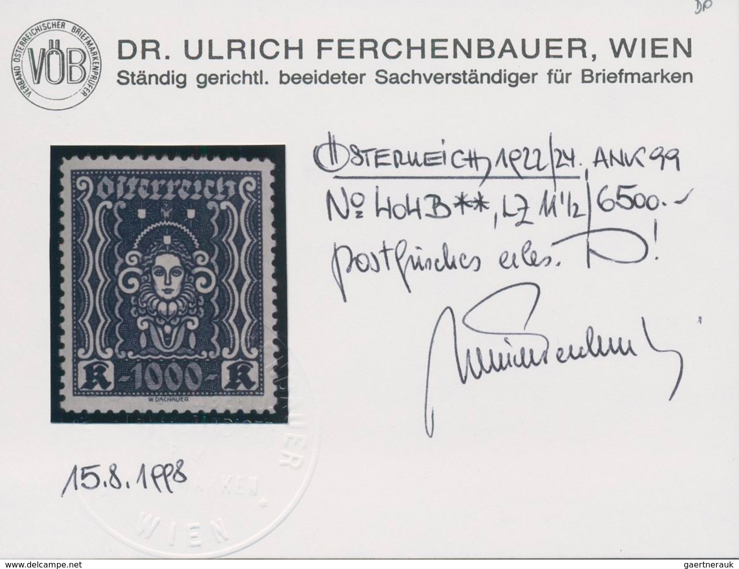 Österreich: 1922, Freimarken "Frauenkopf", 1000 Kr. Schwarzblauviolett, Gez. 11½, Postfrisch, Signie - Other & Unclassified