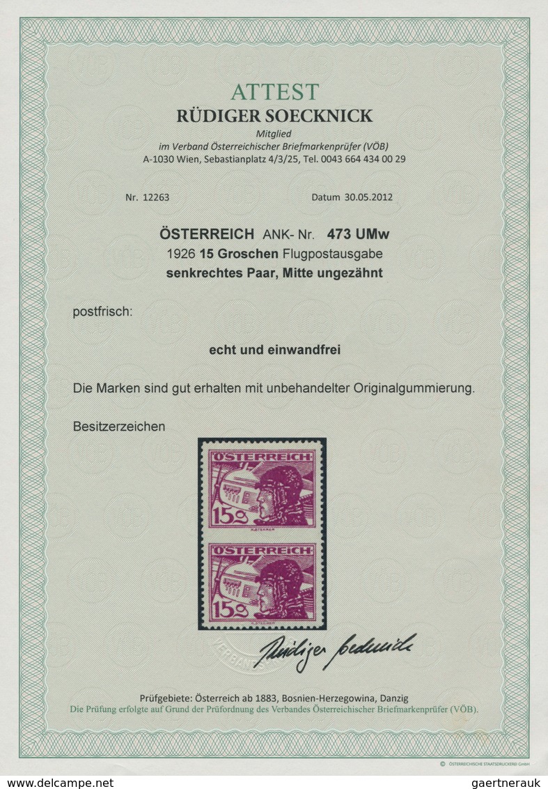 Österreich: 1926, Flugpost, 15 Gr. Rötlichlila, Senkrechtes Paar Mit Abart "mittig Ungezähnt", Postf - Sonstige & Ohne Zuordnung