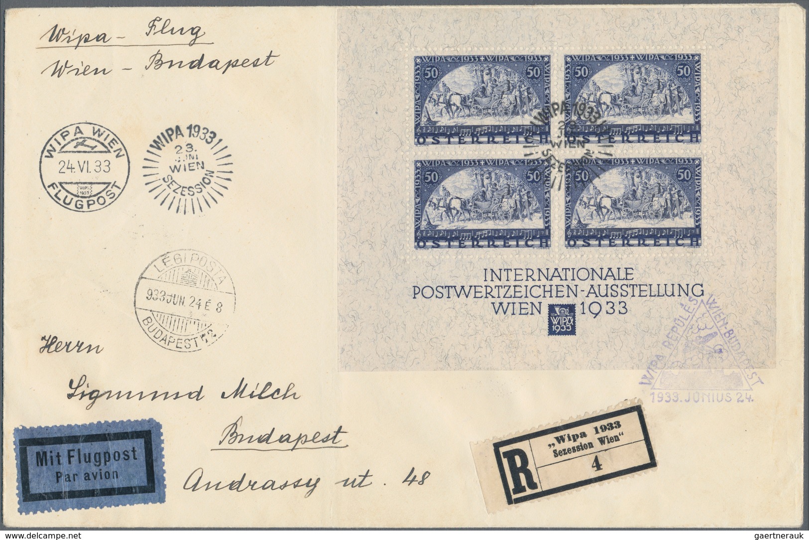 Österreich: 1933, Wipa-Block Auf R-Luftpostbrief, Befördert Mit Wipa-Flug Von Wien Nach Budapest, Kl - Sonstige & Ohne Zuordnung