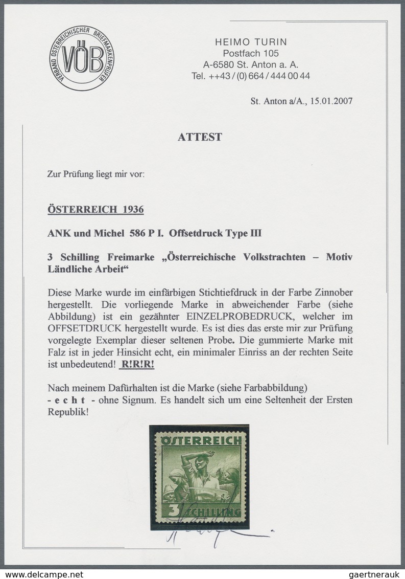 Österreich: 1934, Freimarken "Trachten", 3 Sch. "Ländliche Arbeit", zehn gezähnte Offsetdruck-Probed