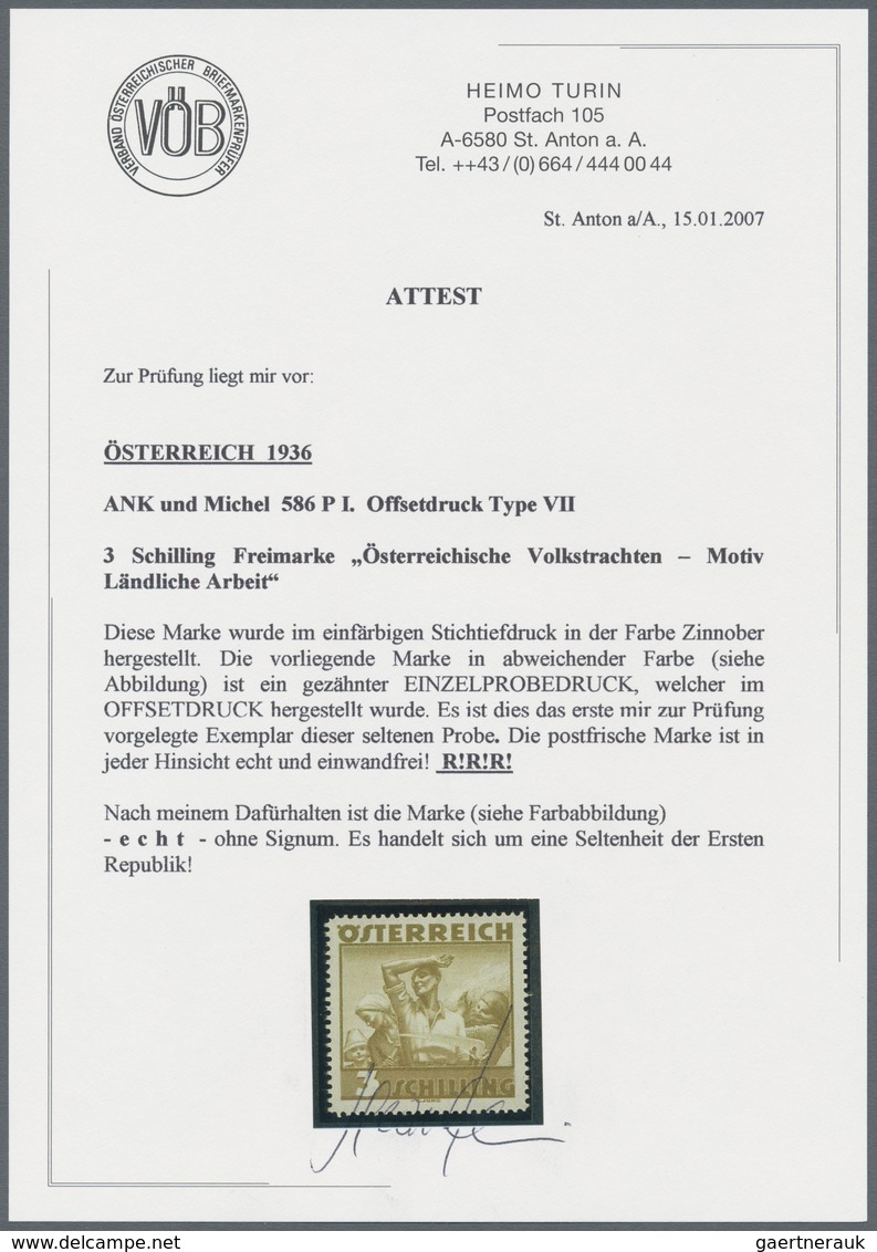 Österreich: 1934, Freimarken "Trachten", 3 Sch. "Ländliche Arbeit", zehn gezähnte Offsetdruck-Probed
