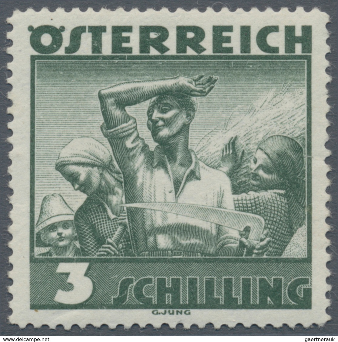 Österreich: 1934, Freimarken "Trachten", 3 Sch. "Ländliche Arbeit", zehn gezähnte Offsetdruck-Probed