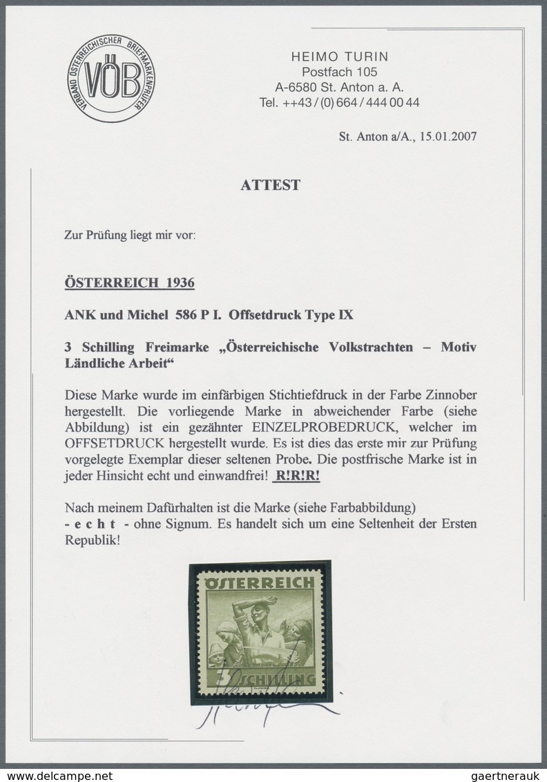 Österreich: 1934, Freimarken "Trachten", 3 Sch. "Ländliche Arbeit", zehn gezähnte Offsetdruck-Probed