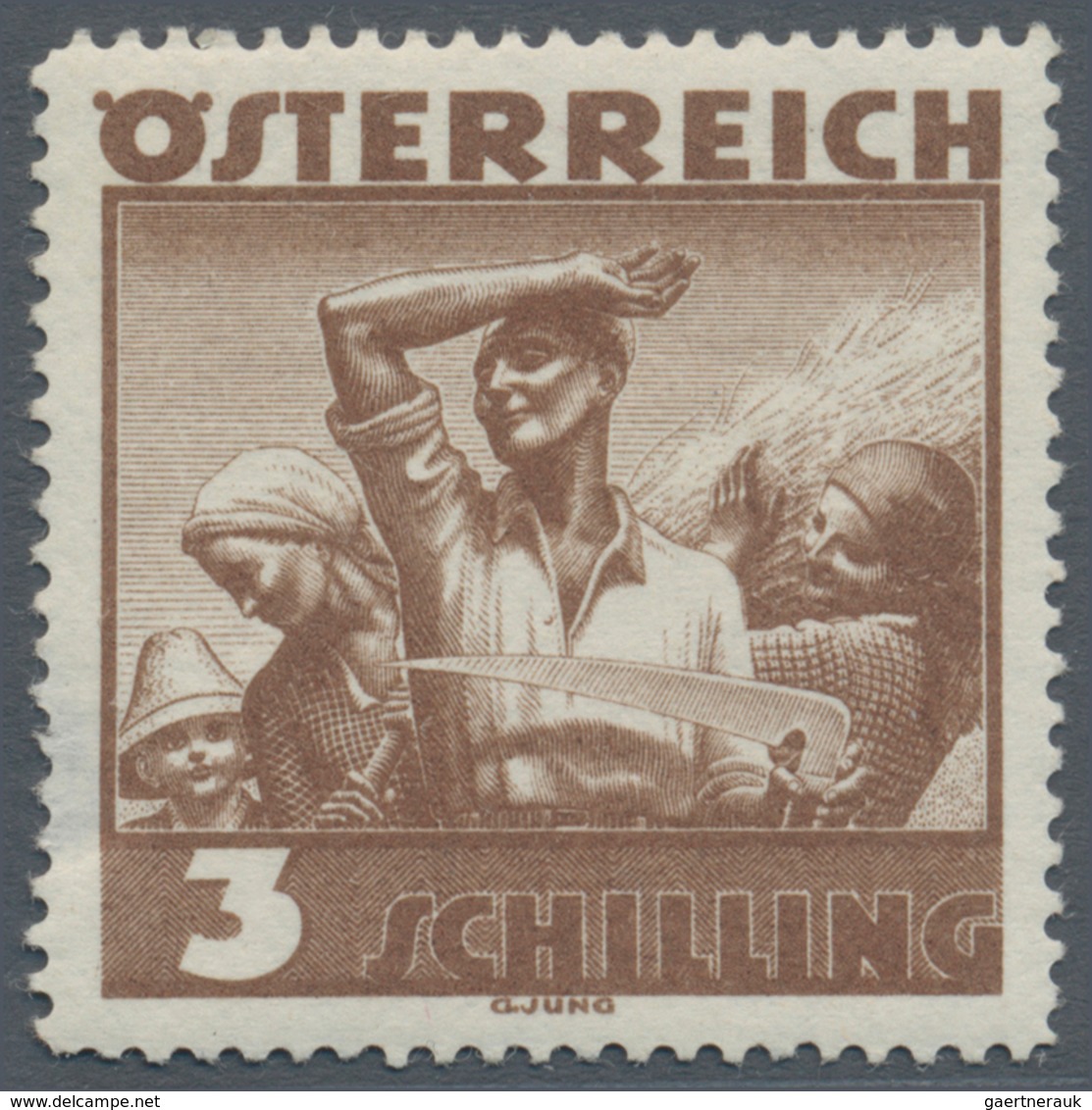 Österreich: 1934, Freimarken "Trachten", 3 Sch. "Ländliche Arbeit", zehn gezähnte Offsetdruck-Probed