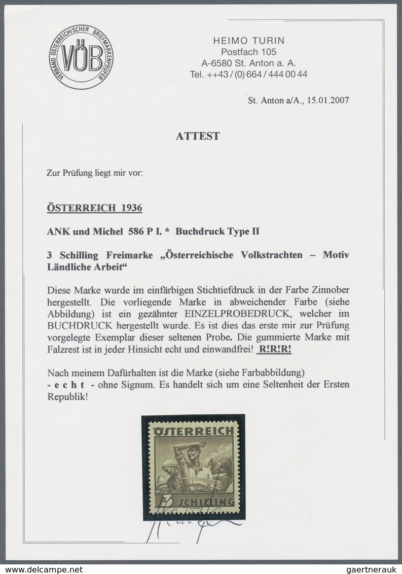 Österreich: 1934, Freimarken "Trachten", 3 Sch. "Ländliche Arbeit", acht gezähnte Buchdruck-Probedru