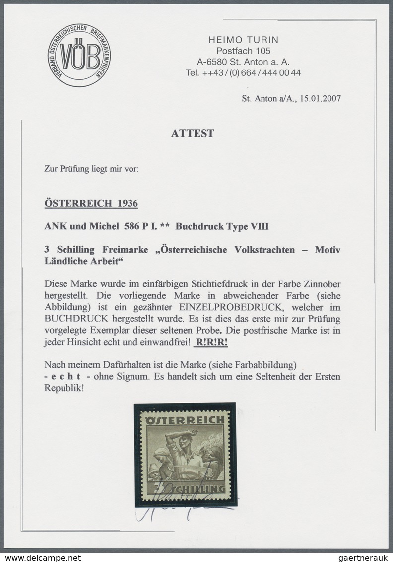 Österreich: 1934, Freimarken "Trachten", 3 Sch. "Ländliche Arbeit", acht gezähnte Buchdruck-Probedru