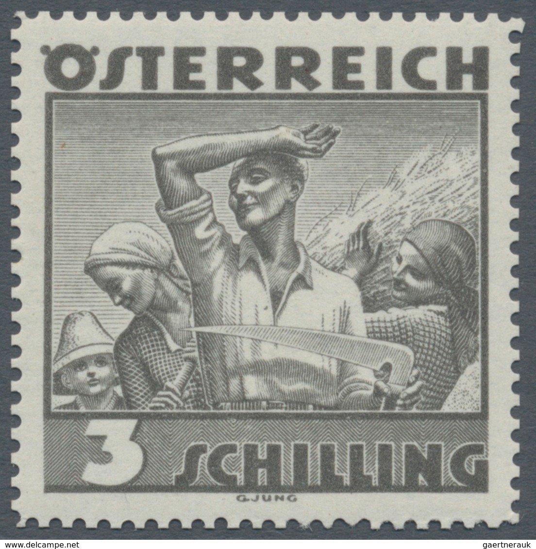 Österreich: 1934, Freimarken "Trachten", 3 Sch. "Ländliche Arbeit", acht gezähnte Buchdruck-Probedru