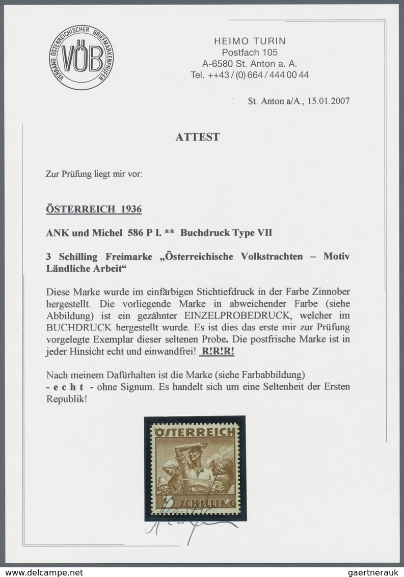 Österreich: 1934, Freimarken "Trachten", 3 Sch. "Ländliche Arbeit", acht gezähnte Buchdruck-Probedru