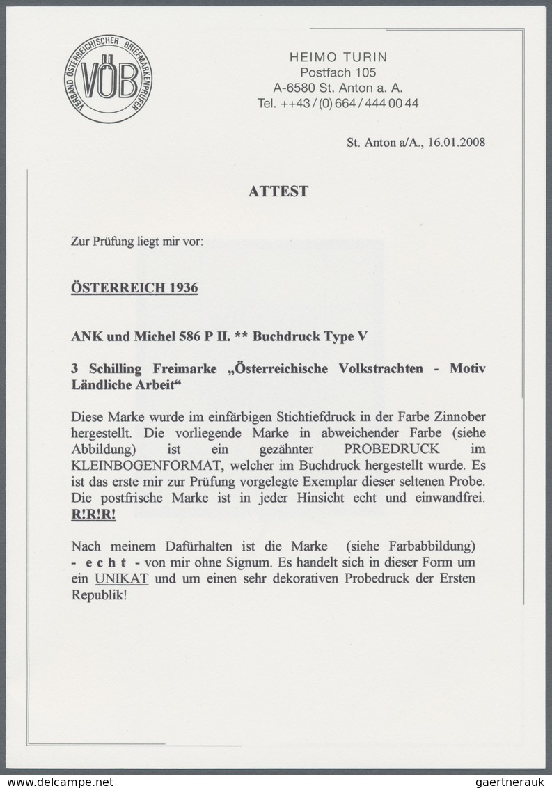 Österreich: 1934, Freimarken "Trachten", 3 Sch. "Ländliche Arbeit", Fünf Gezähnte Buchdruck-Probedru - Sonstige & Ohne Zuordnung