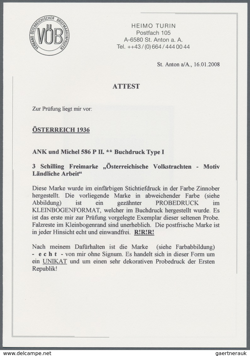 Österreich: 1934, Freimarken "Trachten", 3 Sch. "Ländliche Arbeit", fünf gezähnte Buchdruck-Probedru