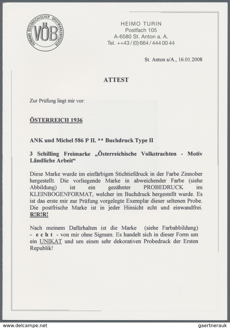 Österreich: 1934, Freimarken "Trachten", 3 Sch. "Ländliche Arbeit", fünf gezähnte Buchdruck-Probedru