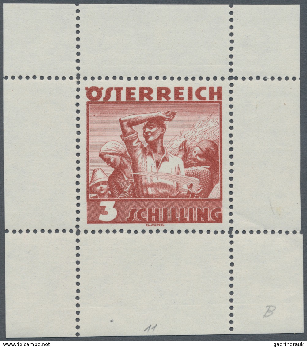 Österreich: 1934, Freimarken "Trachten", 3 Sch. "Ländliche Arbeit", fünf gezähnte Buchdruck-Probedru