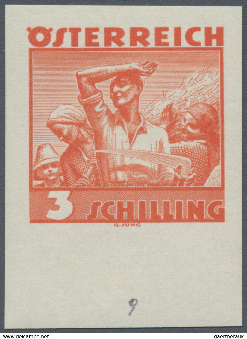 Österreich: 1934, Freimarken "Trachten", 3 Sch. "Ländliche Arbeit", sechs ungezähnte Buchdruck-Probe