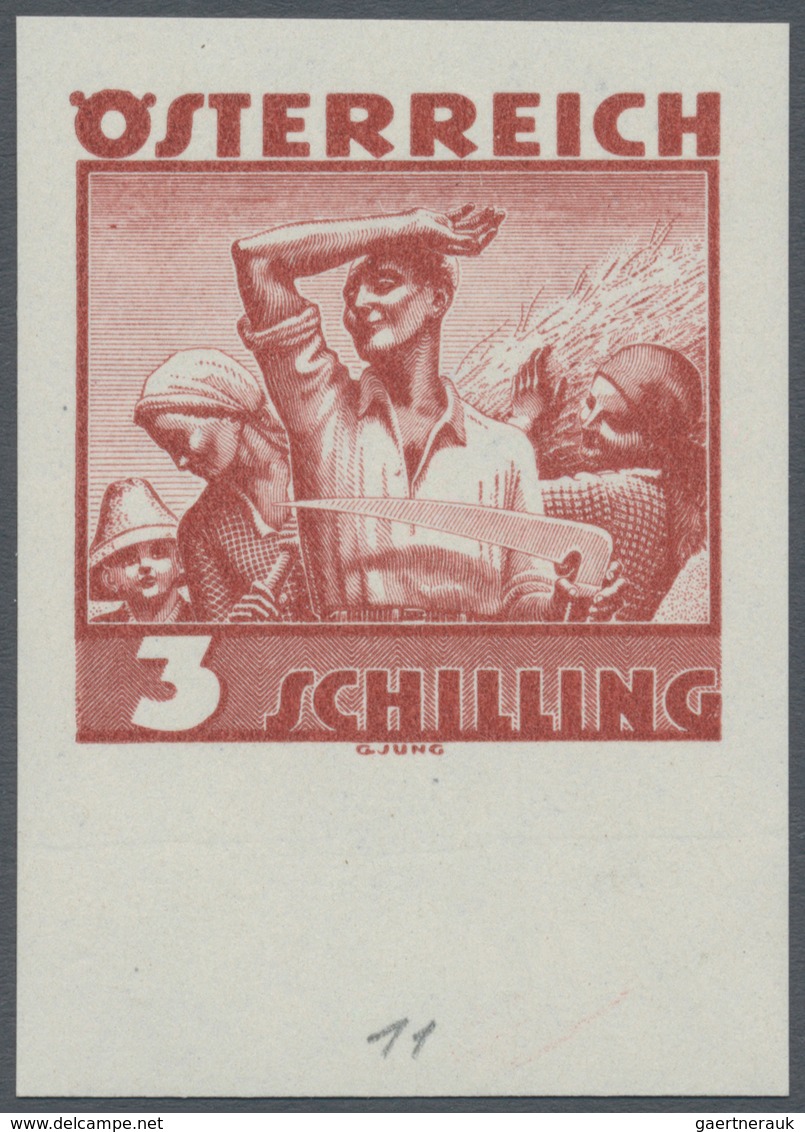 Österreich: 1934, Freimarken "Trachten", 3 Sch. "Ländliche Arbeit", sechs ungezähnte Buchdruck-Probe