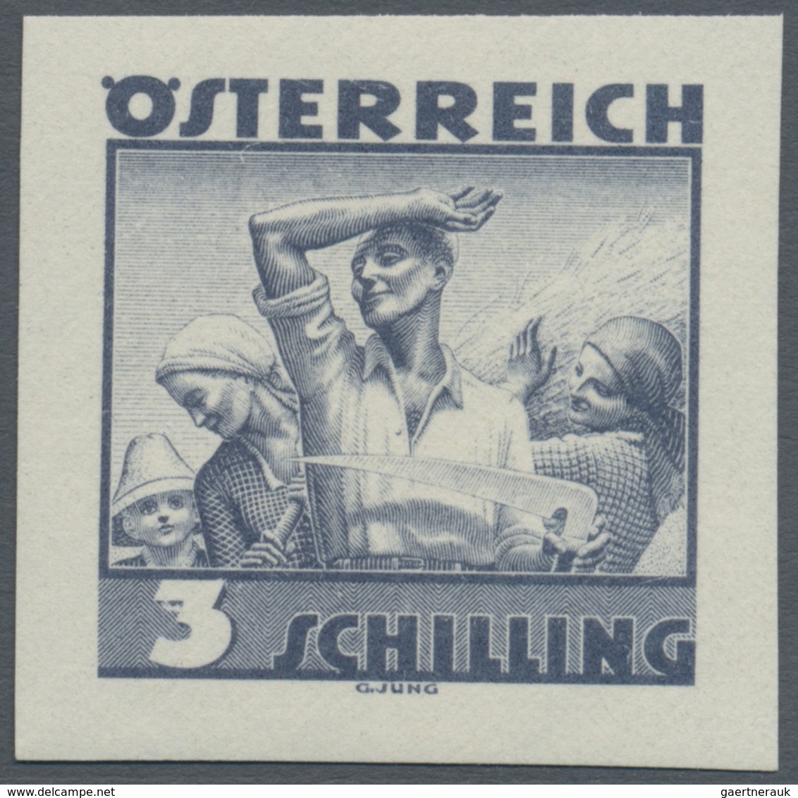 Österreich: 1934, Freimarken "Trachten", 3 Sch. "Ländliche Arbeit", sechs ungezähnte Offsetdruck-Pro