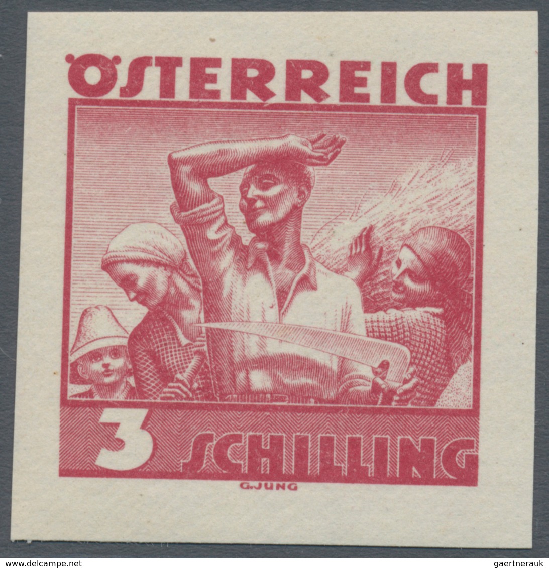 Österreich: 1934, Freimarken "Trachten", 3 Sch. "Ländliche Arbeit", sechs ungezähnte Offsetdruck-Pro