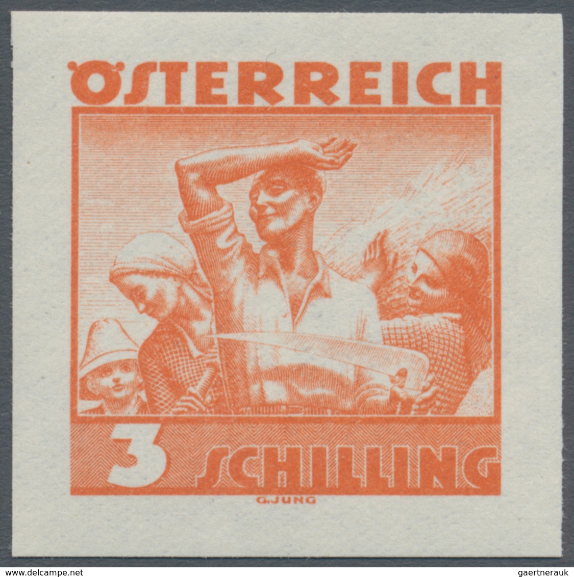 Österreich: 1934, Freimarken "Trachten", 3 Sch. "Ländliche Arbeit", sechs ungezähnte Offsetdruck-Pro