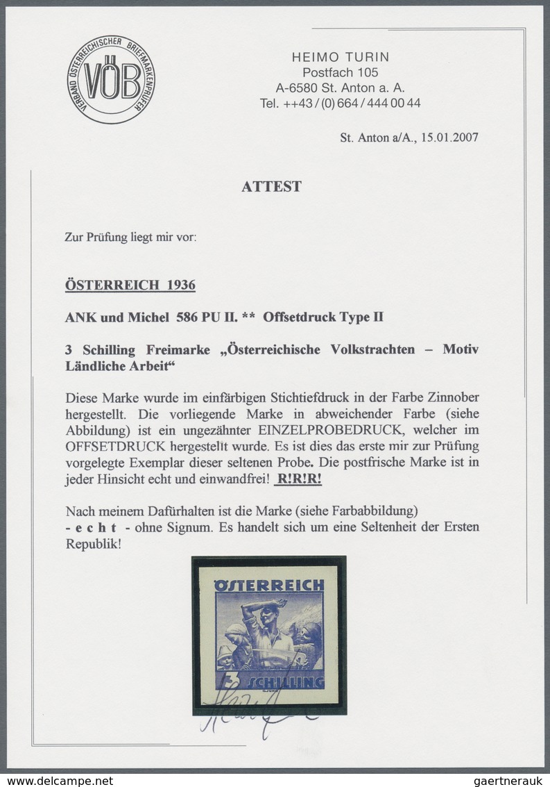 Österreich: 1934, Freimarken "Trachten", 3 Sch. "Ländliche Arbeit", sechs ungezähnte Offsetdruck-Pro