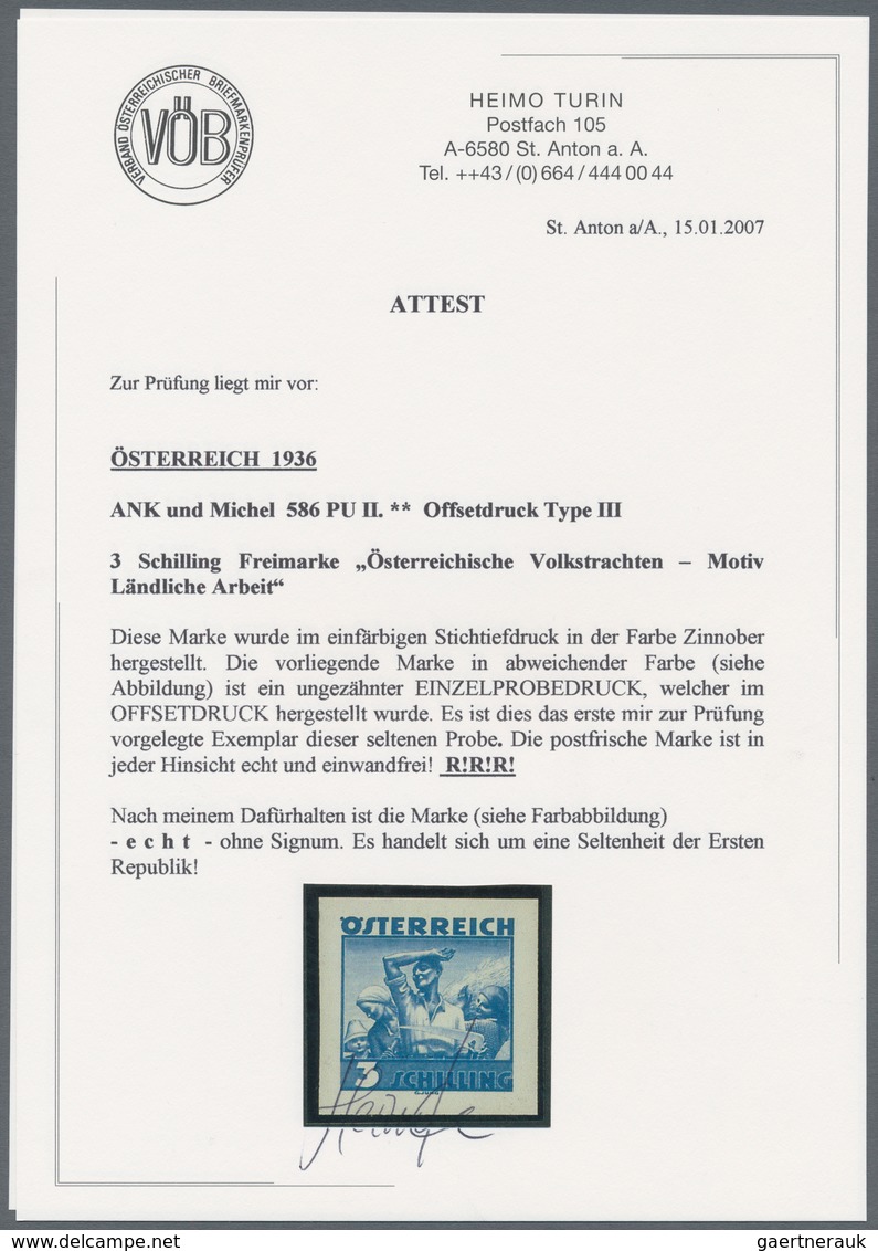 Österreich: 1934, Freimarken "Trachten", 3 Sch. "Ländliche Arbeit", sechs ungezähnte Offsetdruck-Pro