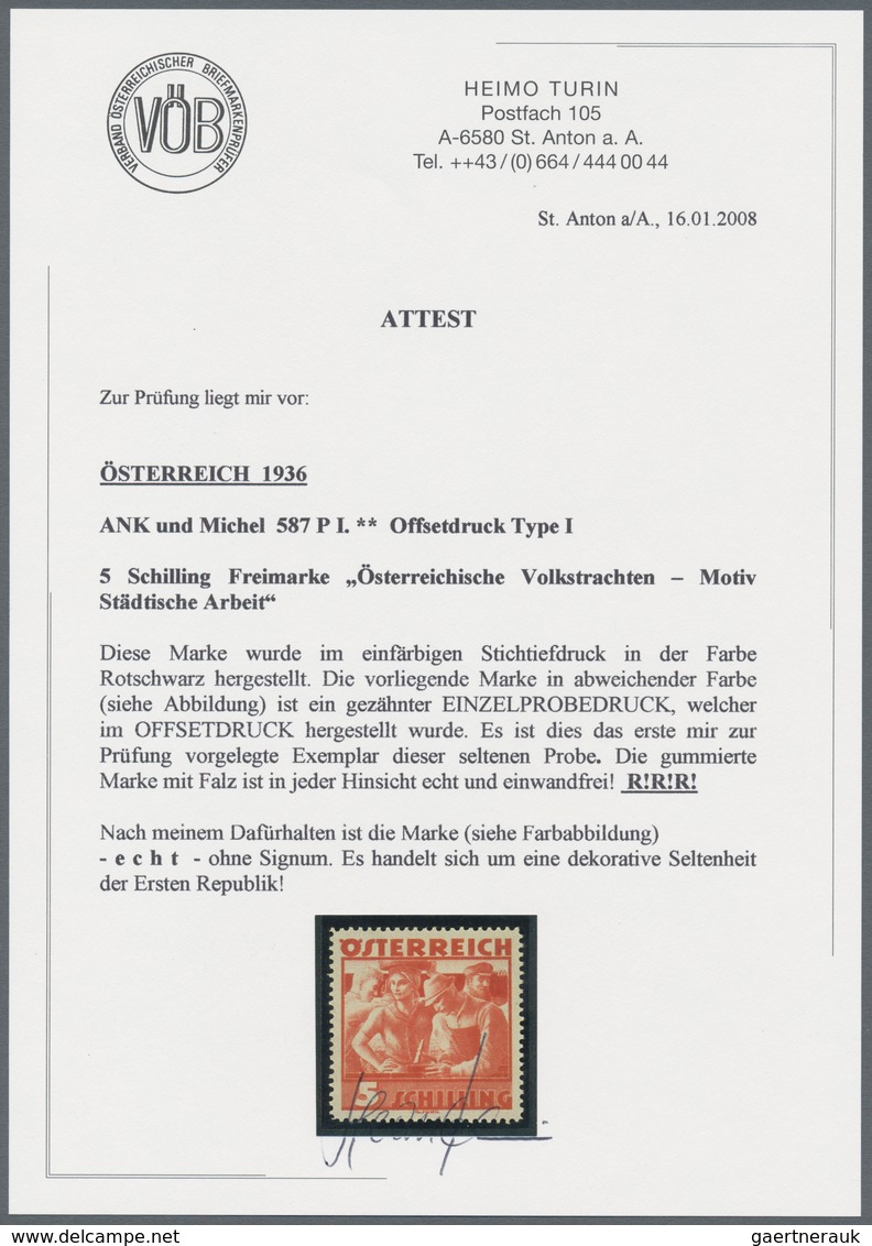 Österreich: 1934, Freimarken "Trachten", 5 Sch. "Städtische Arbeit", vier gezähnte Offsetdruck-Probe