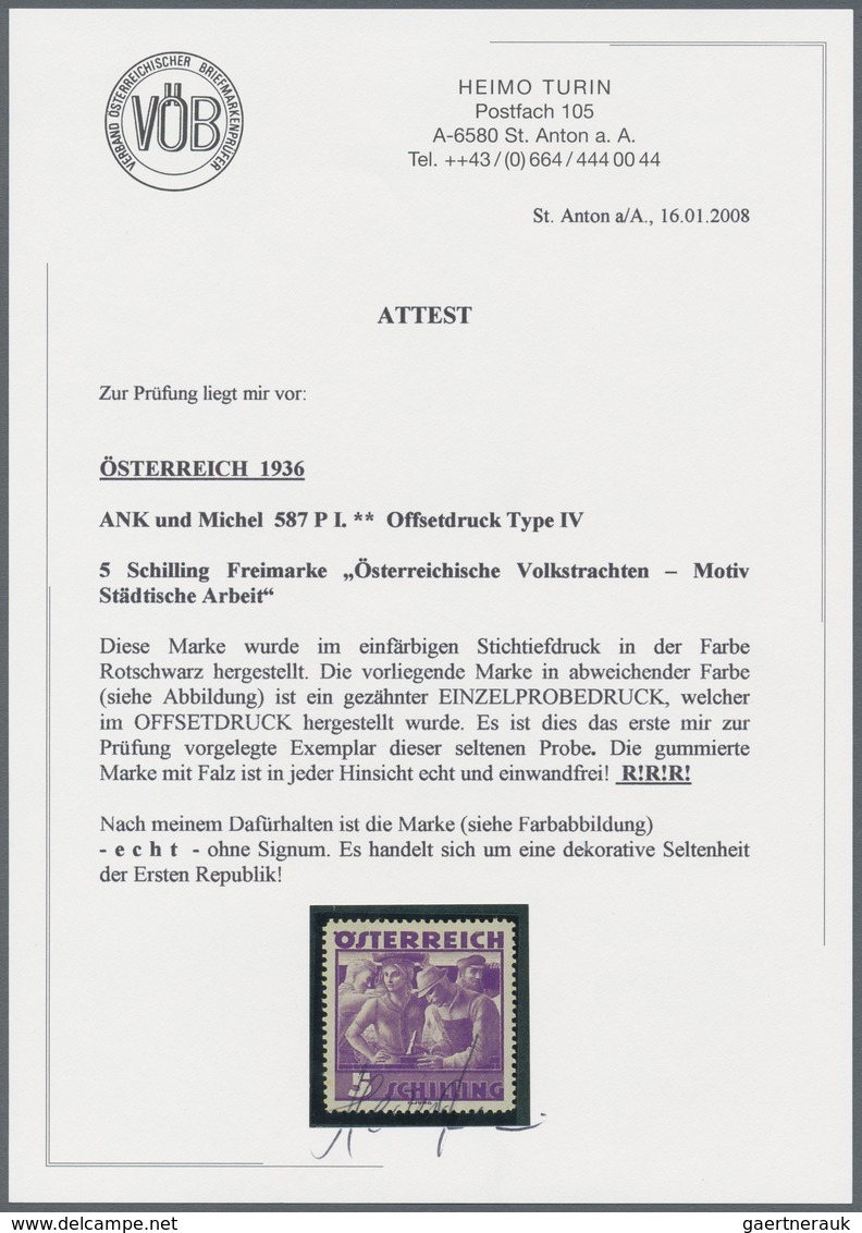 Österreich: 1934, Freimarken "Trachten", 5 Sch. "Städtische Arbeit", vier gezähnte Offsetdruck-Probe