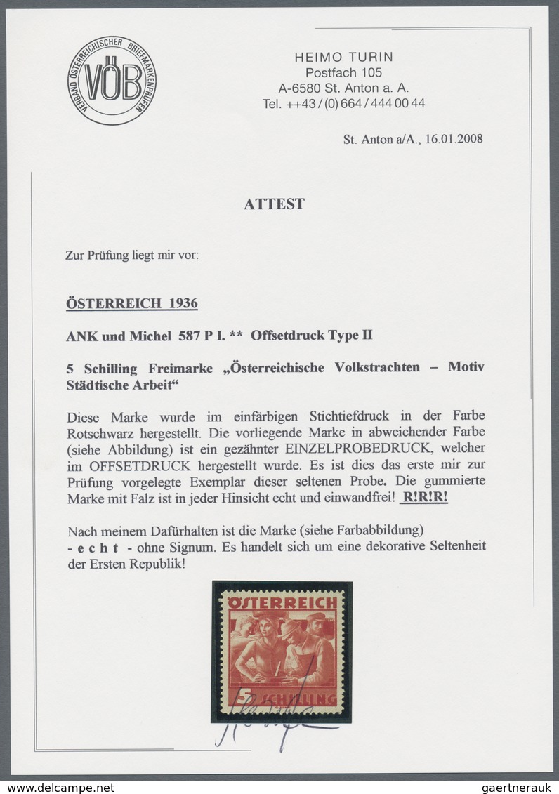 Österreich: 1934, Freimarken "Trachten", 5 Sch. "Städtische Arbeit", vier gezähnte Offsetdruck-Probe