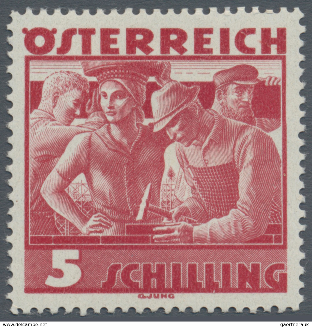 Österreich: 1934, Freimarken "Trachten", 5 Sch. "Städtische Arbeit", sechs gezähnte Buchdruck-Probed