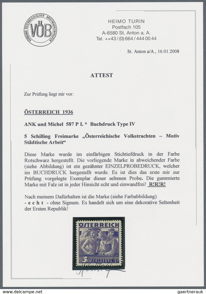 Österreich: 1934, Freimarken "Trachten", 5 Sch. "Städtische Arbeit", sechs gezähnte Buchdruck-Probed