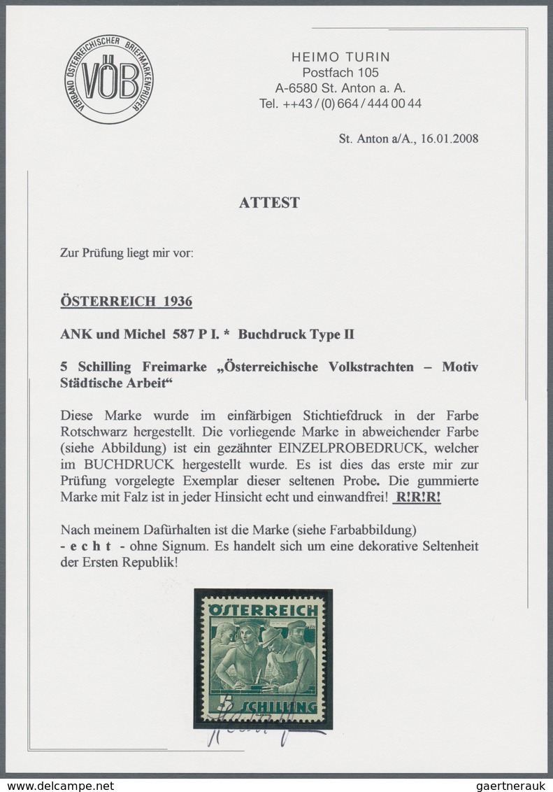 Österreich: 1934, Freimarken "Trachten", 5 Sch. "Städtische Arbeit", sechs gezähnte Buchdruck-Probed