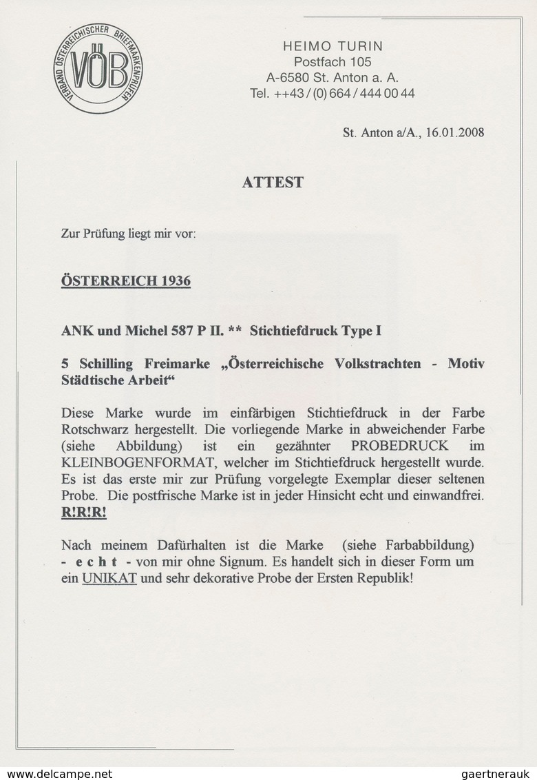 Österreich: 1934, Freimarken "Trachten", 5 Sch. "Städtische Arbeit", Zwei Gezähnte Stichtiefdruck-Pr - Sonstige & Ohne Zuordnung