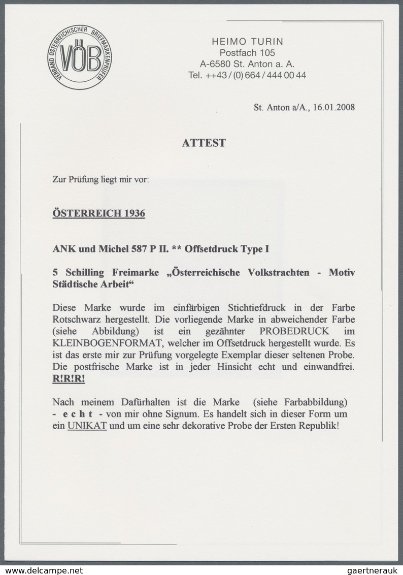 Österreich: 1934, Freimarken "Trachten", 5 Sch. "Städtische Arbeit", Drei Gezähnte Offsetdruck-Probe - Sonstige & Ohne Zuordnung