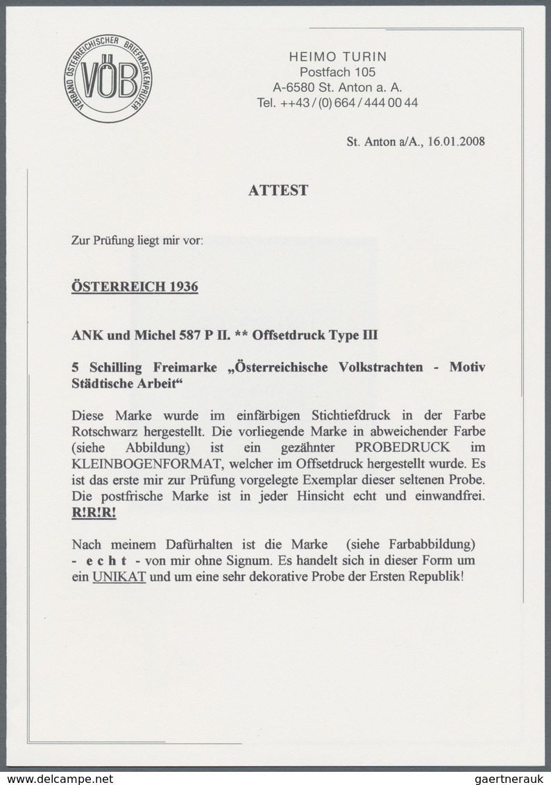 Österreich: 1934, Freimarken "Trachten", 5 Sch. "Städtische Arbeit", drei gezähnte Offsetdruck-Probe