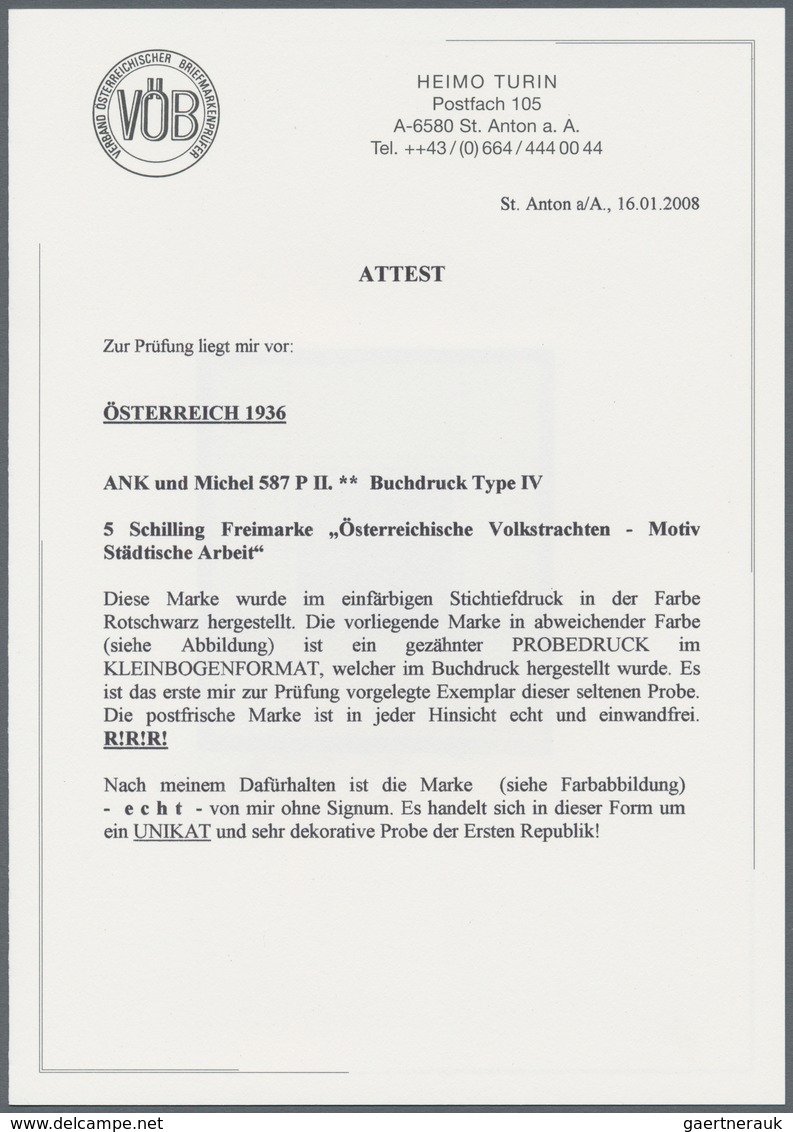 Österreich: 1934, Freimarken "Trachten", 5 Sch. "Städtische Arbeit", sieben gezähnte Buchdruck-Probe