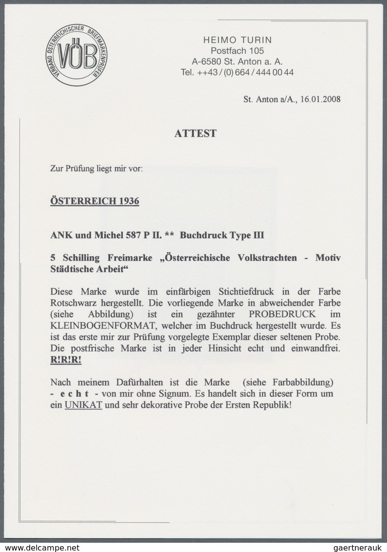 Österreich: 1934, Freimarken "Trachten", 5 Sch. "Städtische Arbeit", sieben gezähnte Buchdruck-Probe