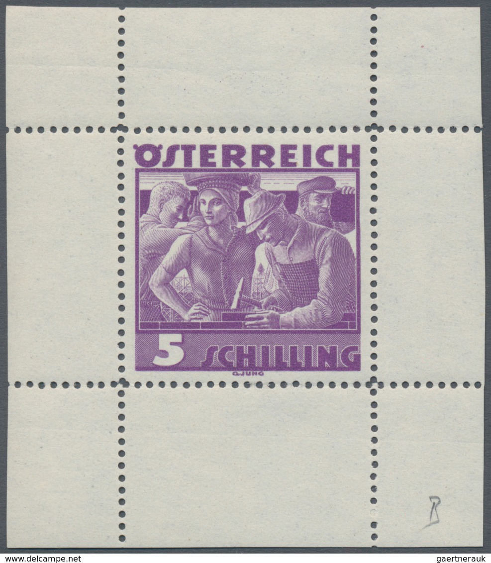 Österreich: 1934, Freimarken "Trachten", 5 Sch. "Städtische Arbeit", sieben gezähnte Buchdruck-Probe