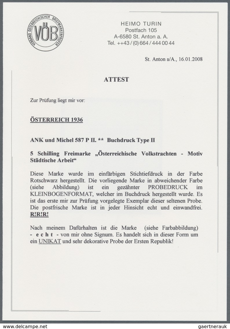 Österreich: 1934, Freimarken "Trachten", 5 Sch. "Städtische Arbeit", sieben gezähnte Buchdruck-Probe