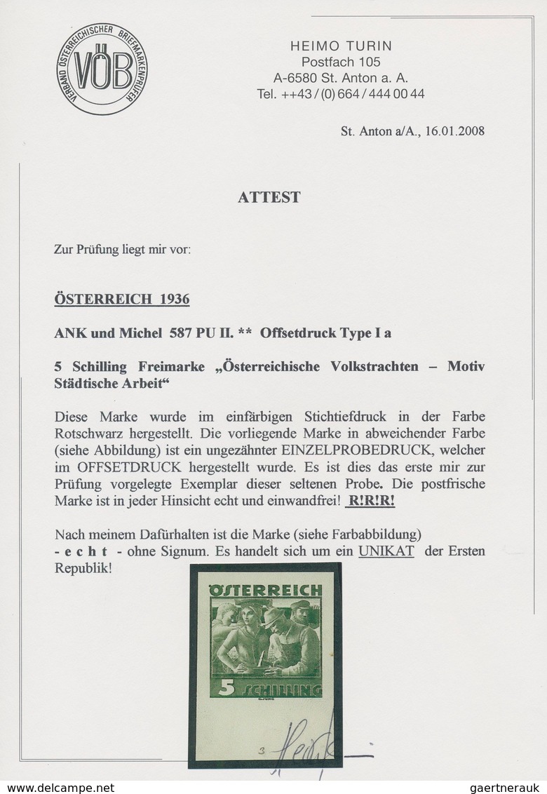 Österreich: 1934, Freimarken "Trachten", 5 Sch. "Städtische Arbeit", Zwei Ungezähnte Offsetdruck-Pro - Sonstige & Ohne Zuordnung