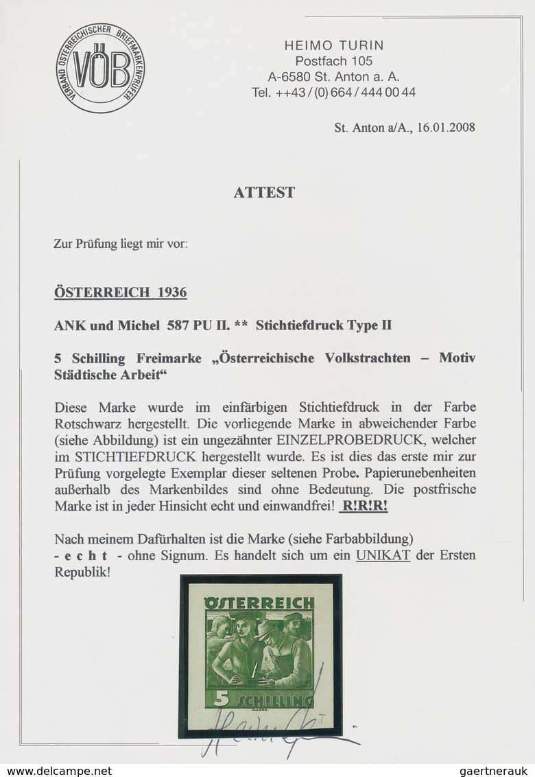 Österreich: 1934, Freimarken "Trachten", 5 Sch. "Städtische Arbeit", drei ungezähnte Stichtiefdruck-