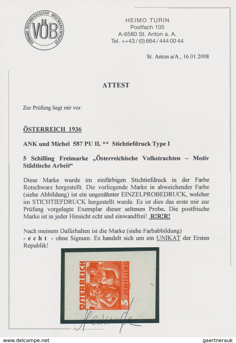 Österreich: 1934, Freimarken "Trachten", 5 Sch. "Städtische Arbeit", drei ungezähnte Stichtiefdruck-