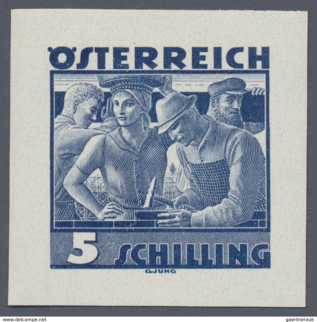 Österreich: 1934, Freimarken "Trachten", 5 Sch. "Städtische Arbeit", sechs ungezähnte Buchdruck-Prob