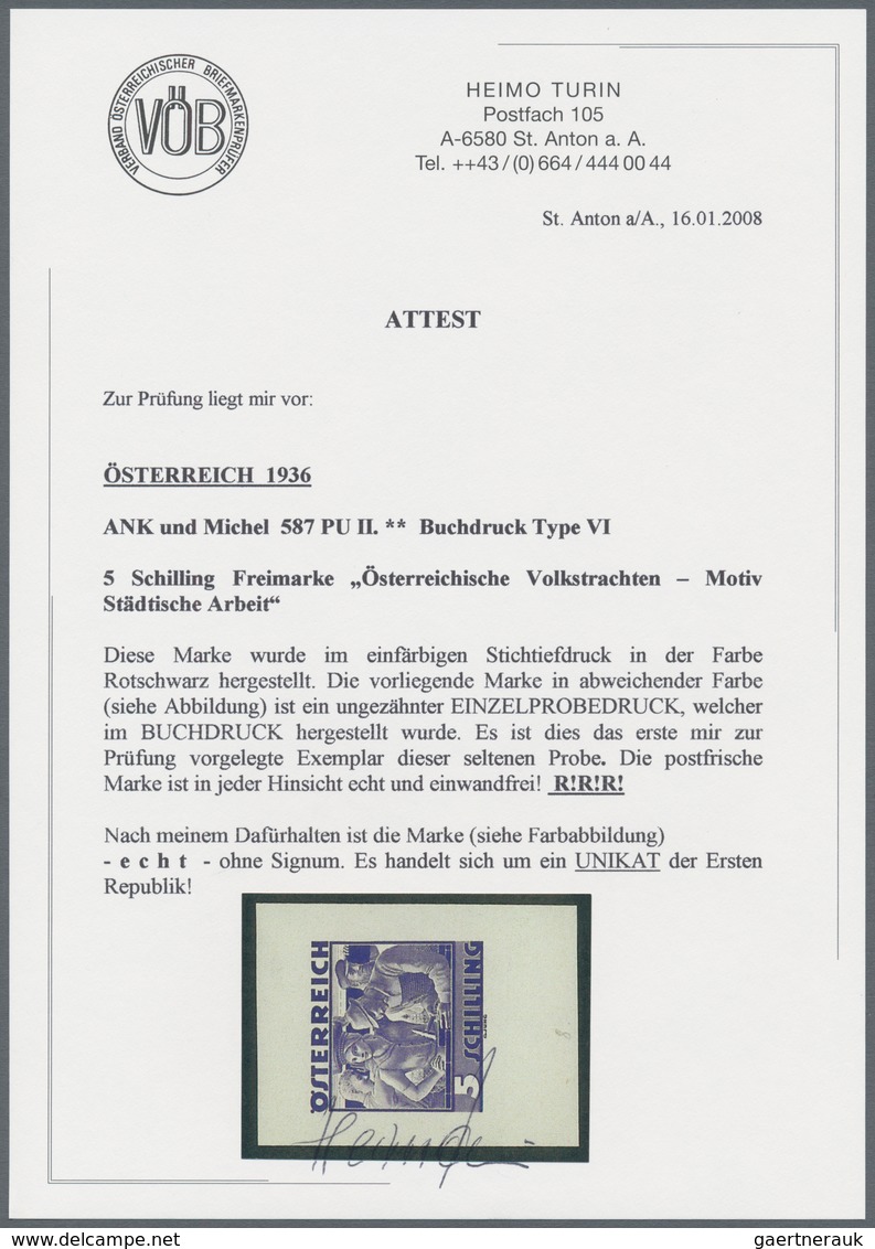 Österreich: 1934, Freimarken "Trachten", 5 Sch. "Städtische Arbeit", sechs ungezähnte Buchdruck-Prob