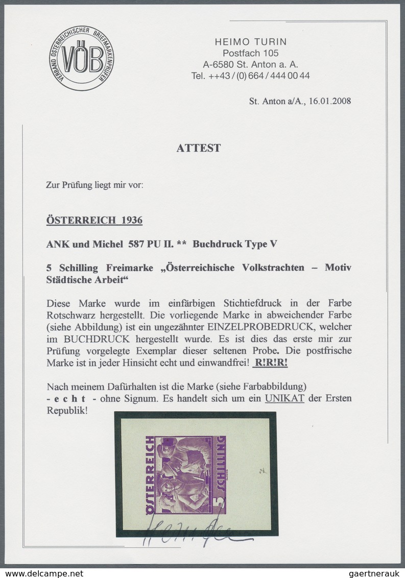 Österreich: 1934, Freimarken "Trachten", 5 Sch. "Städtische Arbeit", sechs ungezähnte Buchdruck-Prob