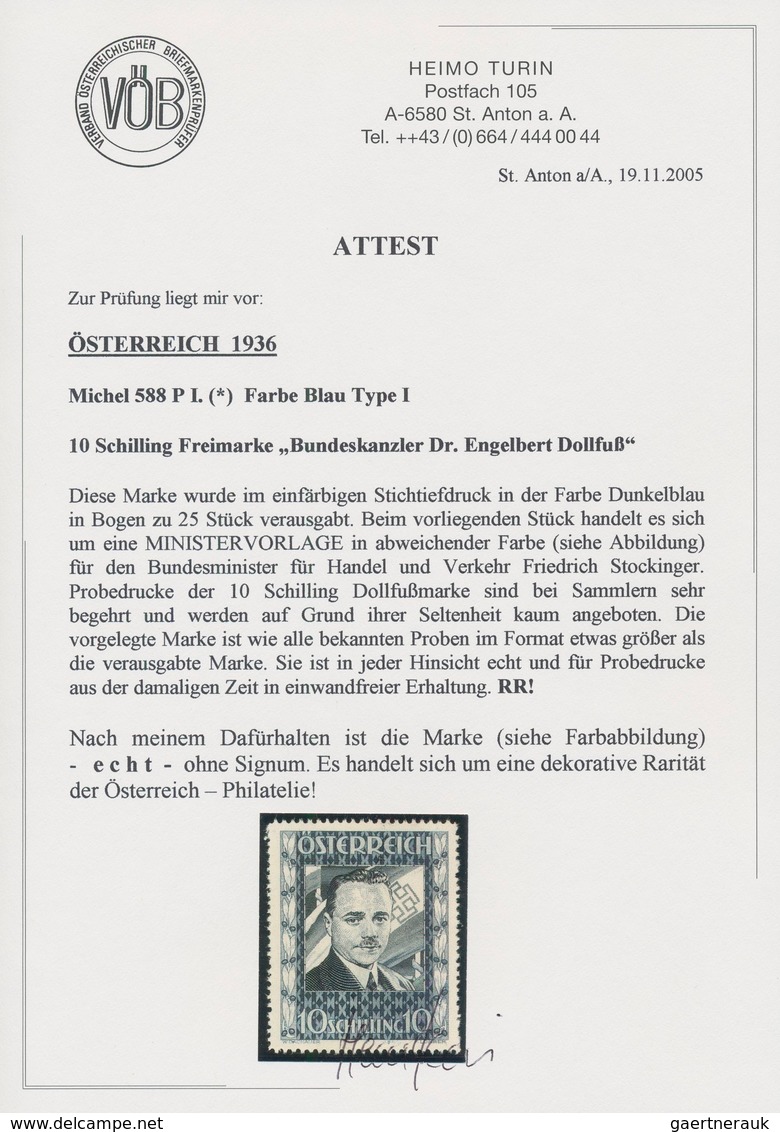 Österreich: 1936, DOLLFUß, sehr gehaltvolle Spezialsammlung der PROBEDRUCKE zur 10 Schilling Freimar