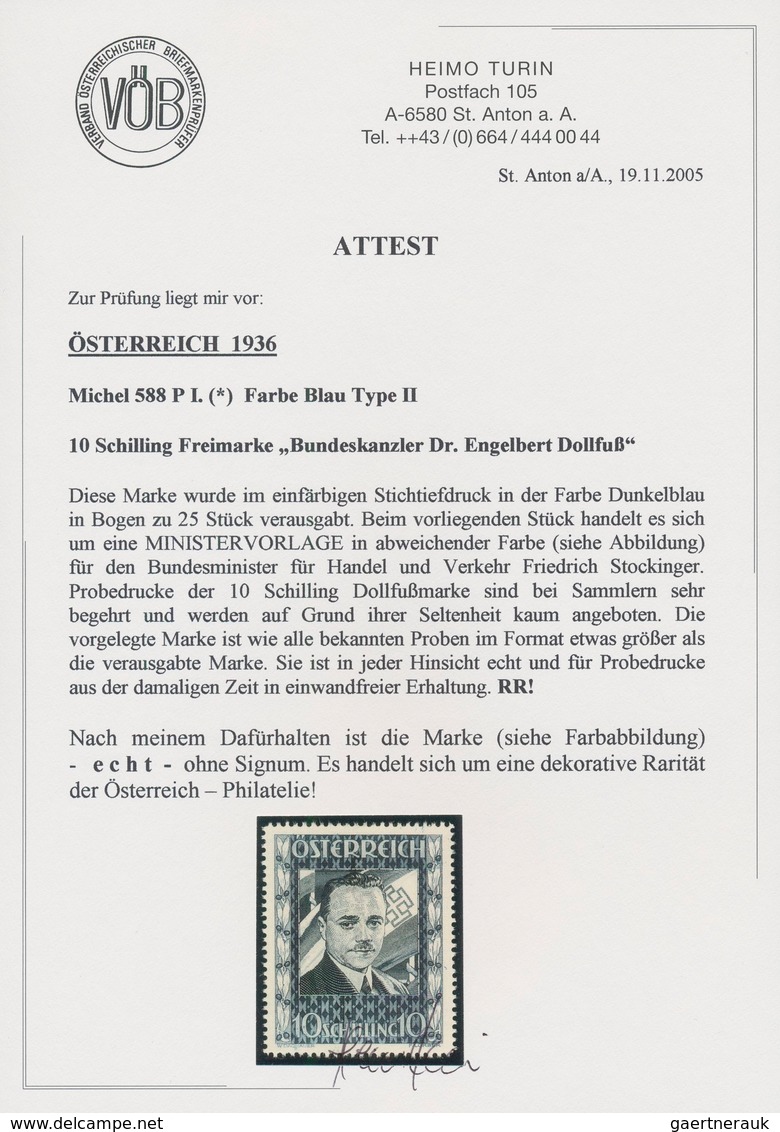 Österreich: 1936, DOLLFUß, sehr gehaltvolle Spezialsammlung der PROBEDRUCKE zur 10 Schilling Freimar