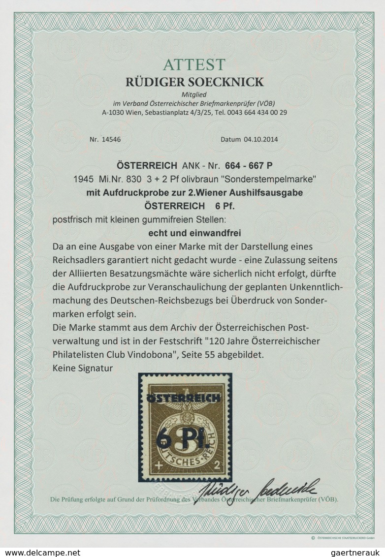 Österreich: 1945, AUFDRUCKPROBE ZUR 2. WIENER AUSHILFSAUSGABE, Aufdruck "ÖSTERREICH / 6 Pf. / Balken - Sonstige & Ohne Zuordnung