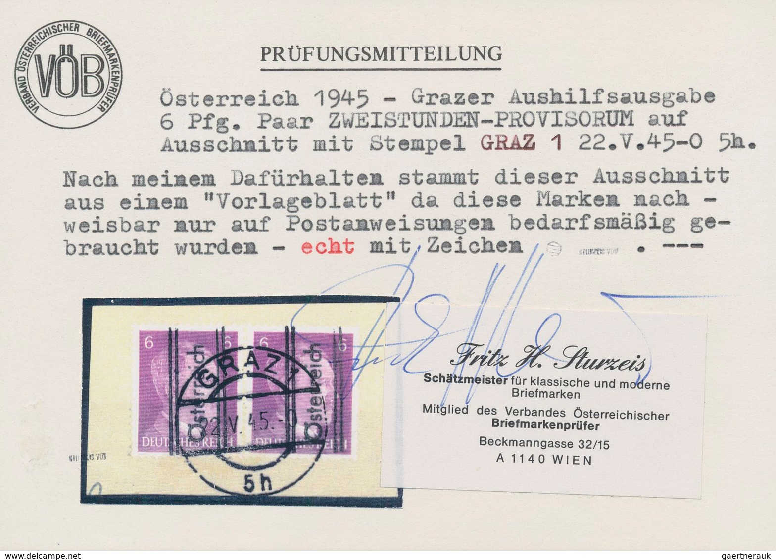 Österreich: 1945, GRAZER ZWEISTUNDEN-PROVISORIUM, 6 Pfg. Violett Mit Handstempelaufdruck Im Waagerec - Sonstige & Ohne Zuordnung